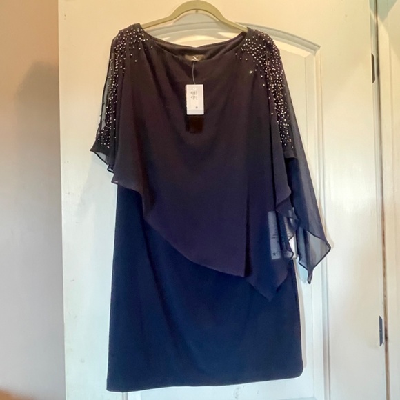 Cocktail Dress by Xscape, Sz 12P, Navy with rhinestones, and cold-shoulder, NWT - Picture 6 of 10